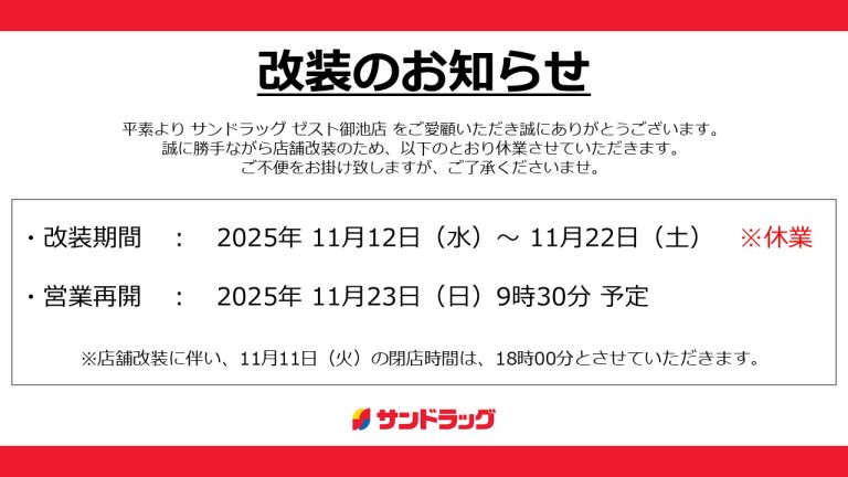サンドラッグ ゼスト御池店 リニューアル改装